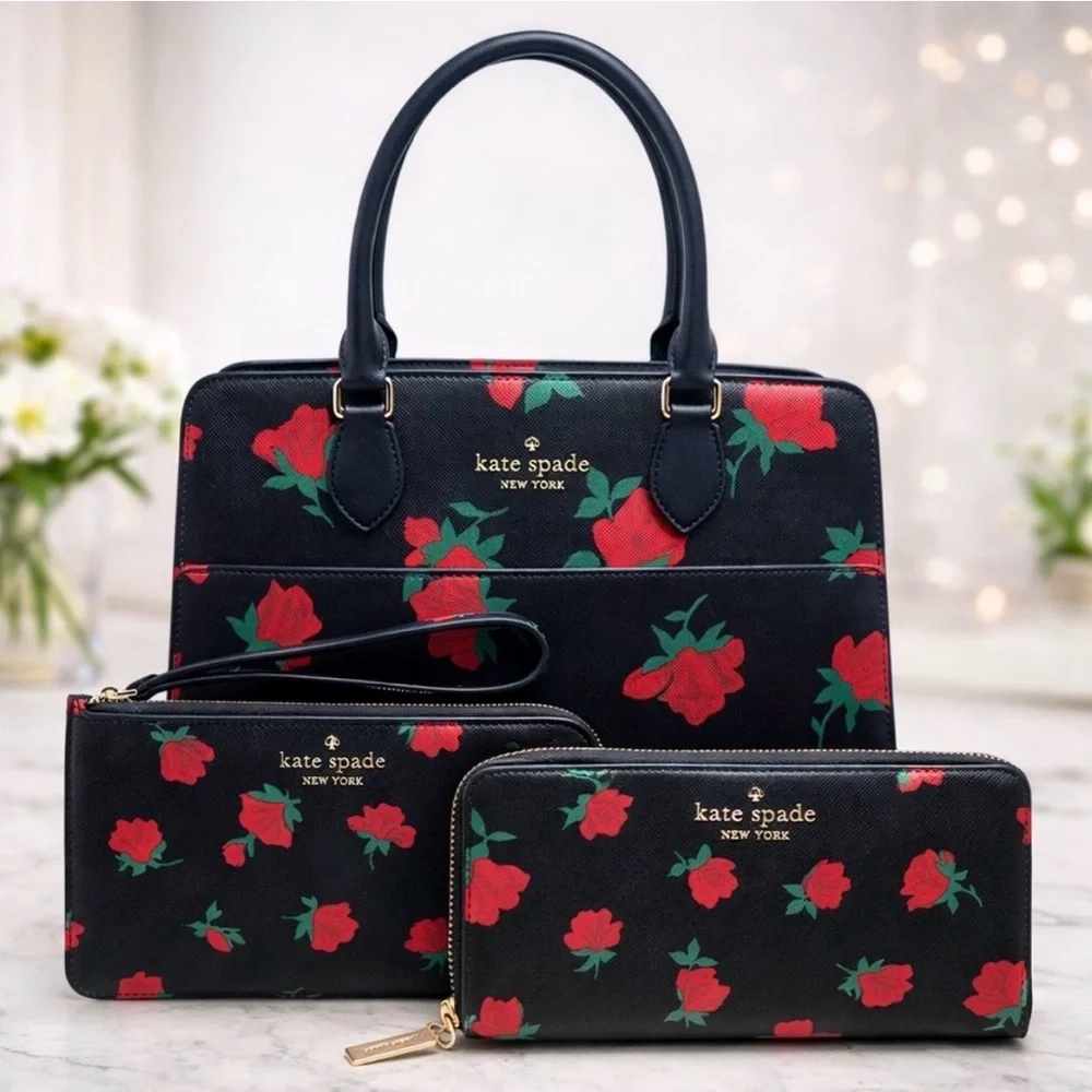 ☀️Kate Spade Madison Rose Toss (NWOT) & matching Wallet & wristlet (EUC) 3pc Set
